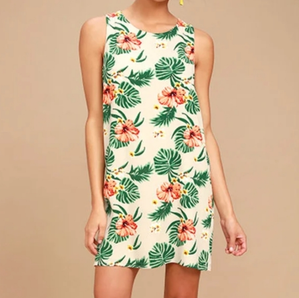 Lulu's Waikiki Wonder Beige Tropical Print Shift Dress